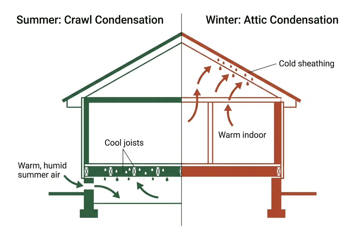 Diagram: rain held at the foundation by slow-draining clay, then rising into a Huntsville home