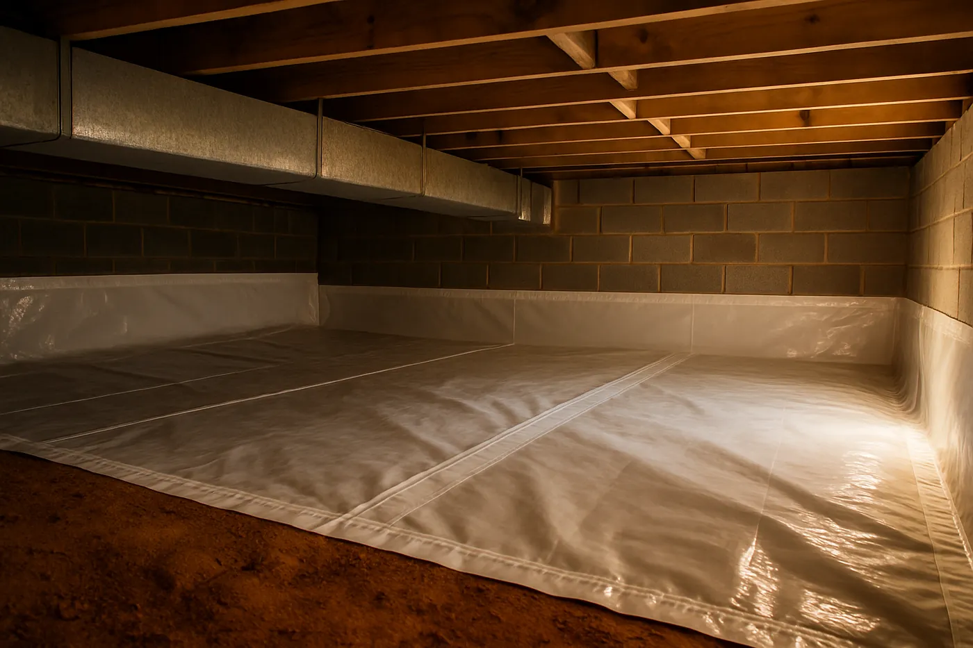 Sealed vapor barrier laid over red Tennessee Valley clay in a Huntsville crawl space